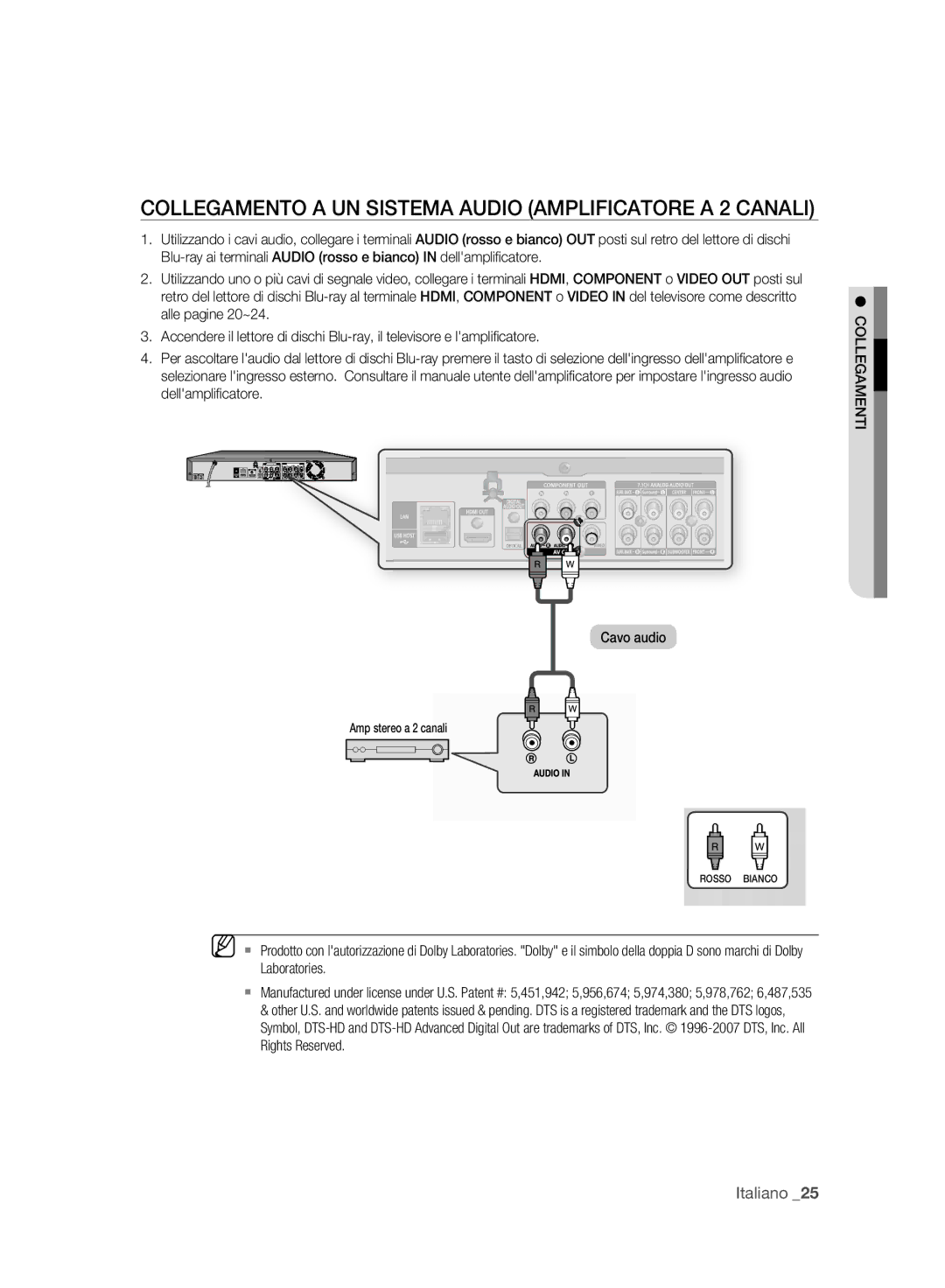 Samsung BD-P2500/XEF manual Collegamento a UN Sistema Audio Amplificatore a 2 Canali 