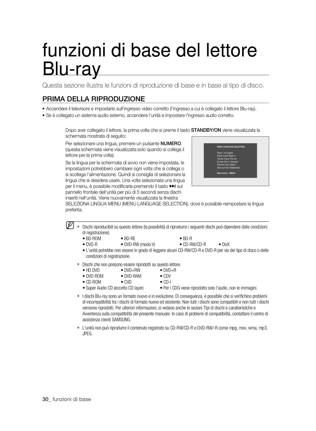 Samsung BD-P2500/XEF manual Funzioni di base del lettore Blu-ray, Prima Della Riproduzione, Cd-Rw/Cd-R 