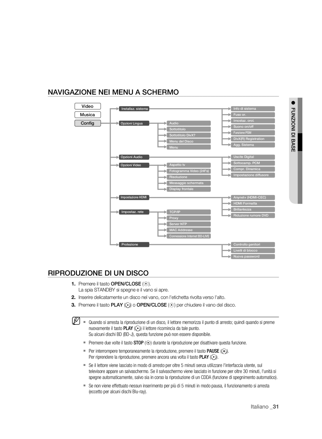 Samsung BD-P2500/XEF manual Navigazione NEI Menu a Schermo, Riproduzione DI UN Disco, Funzioni DI Base 