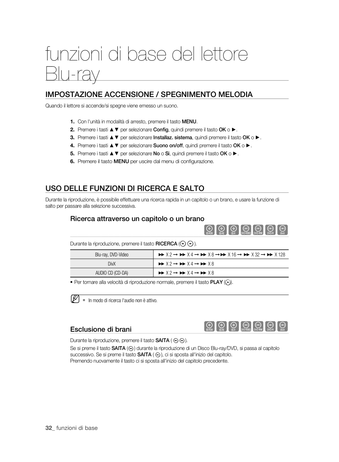 Samsung BD-P2500/XEF manual Impostazione Accensione / Spegnimento Melodia, USO Delle Funzioni DI Ricerca E Salto 