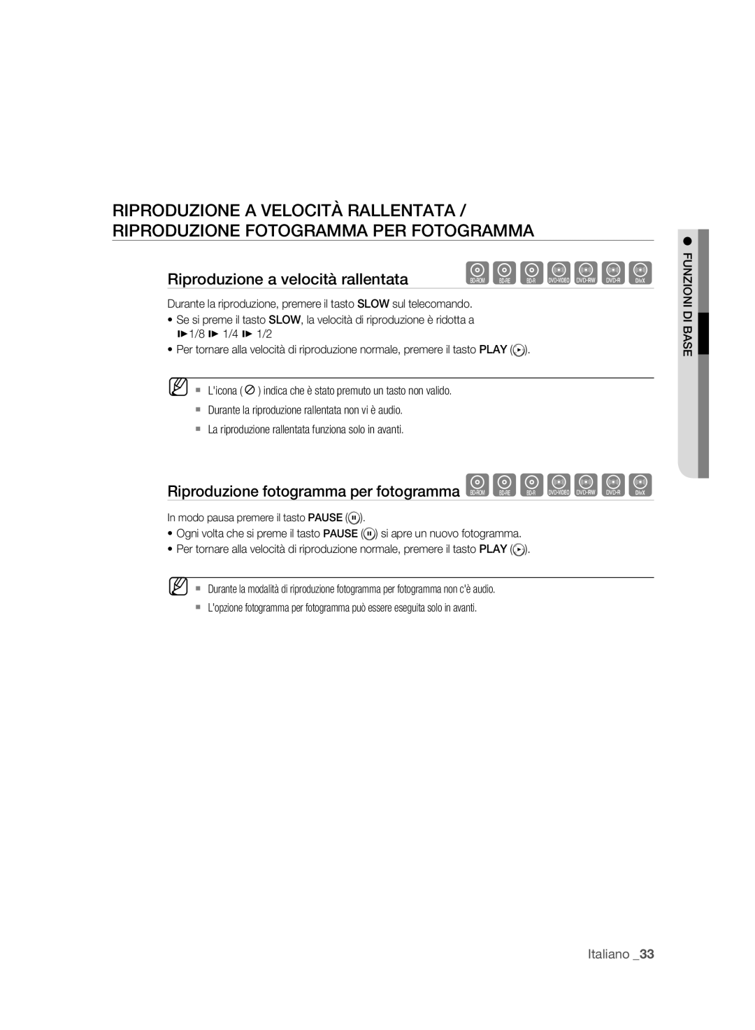 Samsung BD-P2500/XEF manual Riproduzione a velocità rallentata hgfZCVD, Riproduzione fotogramma per fotogramma hgfZCVD 