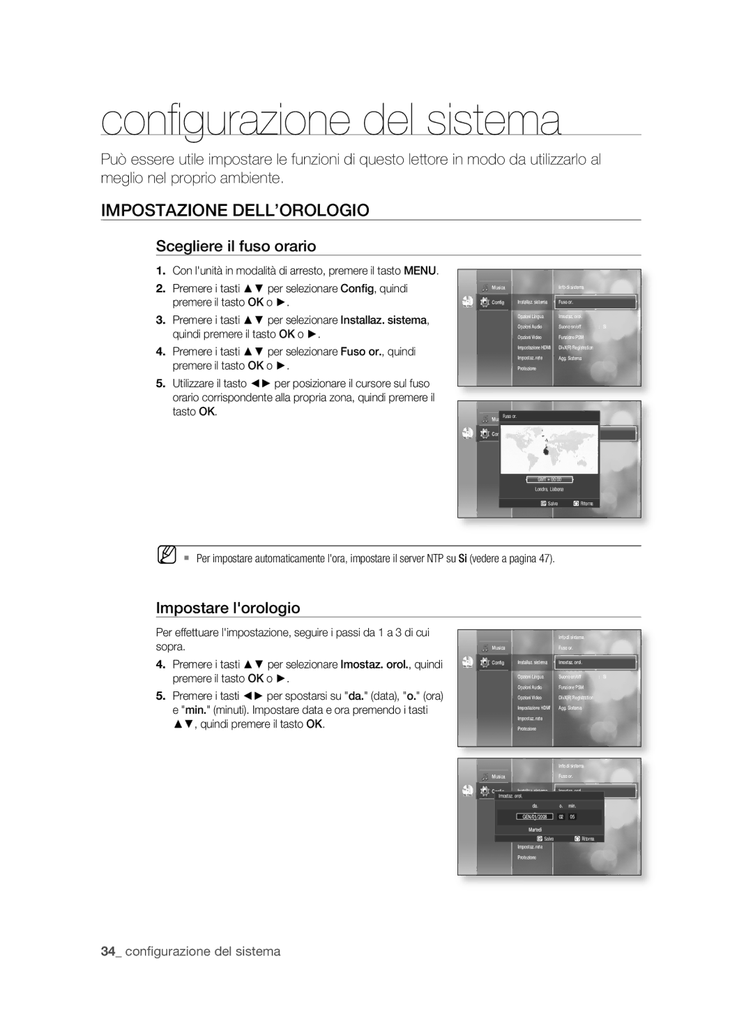 Samsung BD-P2500/XEF Conﬁ gurazione del sistema, Impostazione DELL’OROLOGIO, Scegliere il fuso orario, Impostare lorologio 