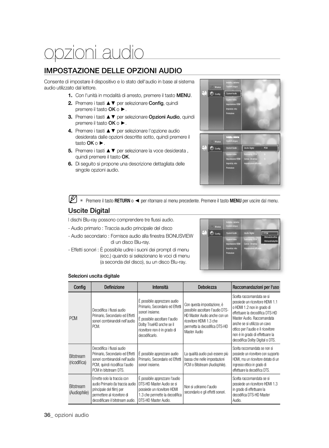 Samsung BD-P2500/XEF manual Opzioni audio, Impostazione Delle Opzioni Audio, Uscite Digital, Pcm 