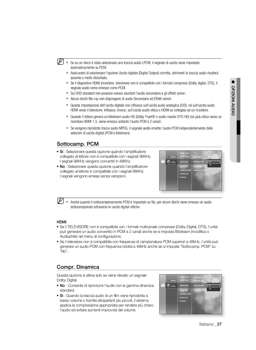 Samsung BD-P2500/XEF manual Sottocamp. PCM, Compr. Dinamica, Opzioni Audio 