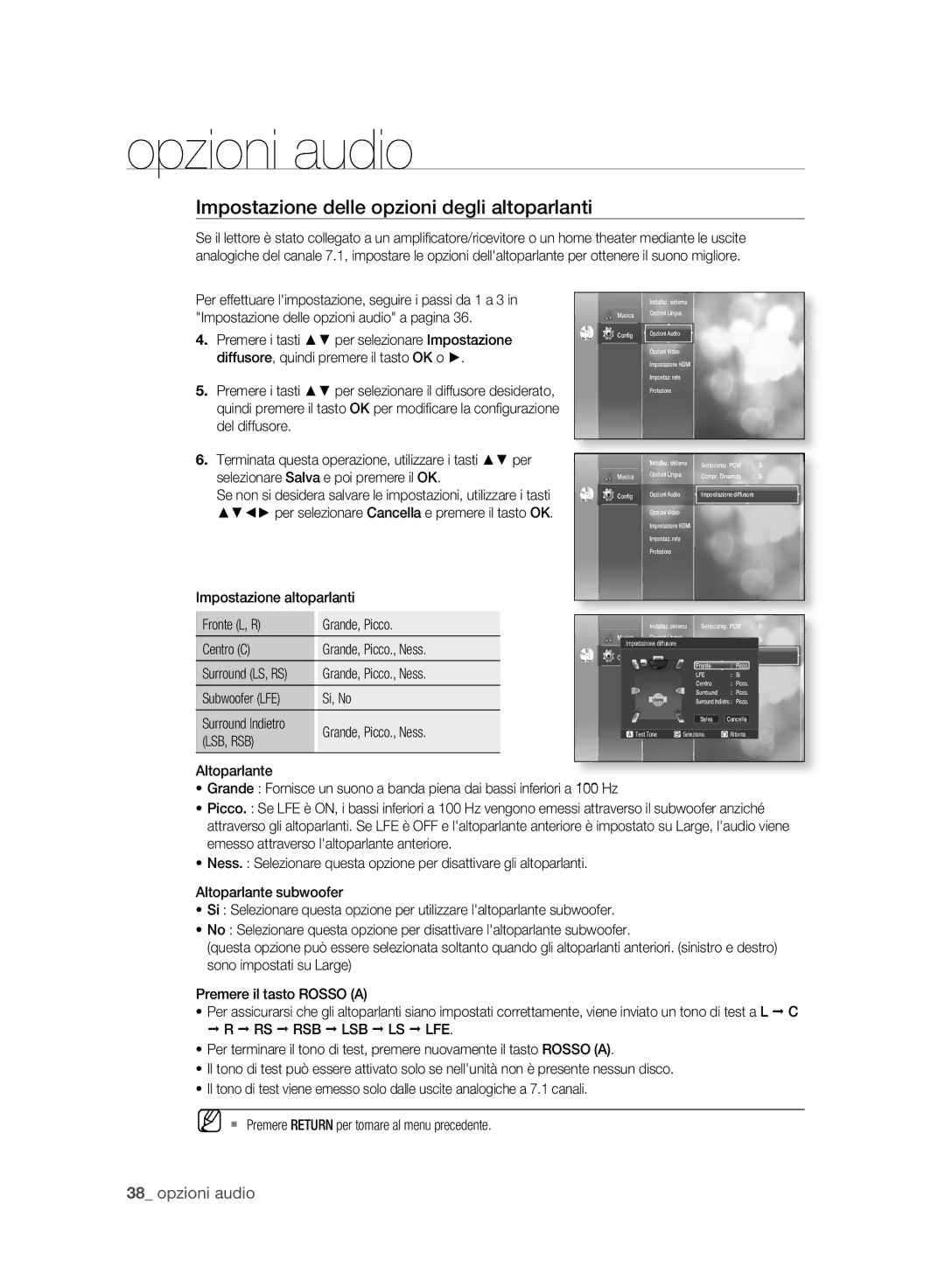 Samsung BD-P2500/XEF manual Impostazione delle opzioni degli altoparlanti, Lsb, Rsb 