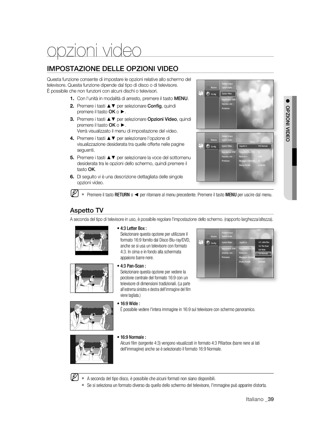 Samsung BD-P2500/XEF manual Opzioni video, Impostazione Delle Opzioni Video, Aspetto TV 