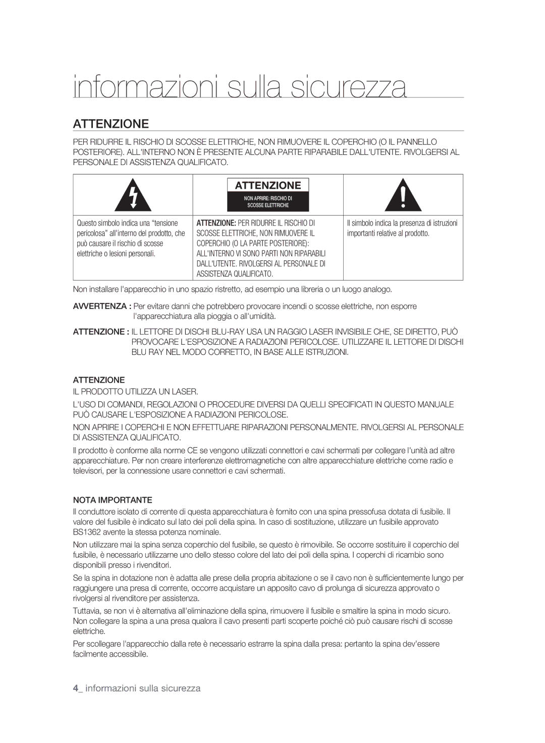 Samsung BD-P2500/XEF manual Informazioni sulla sicurezza, Attenzione, Assistenza Qualificato, Nota Importante 