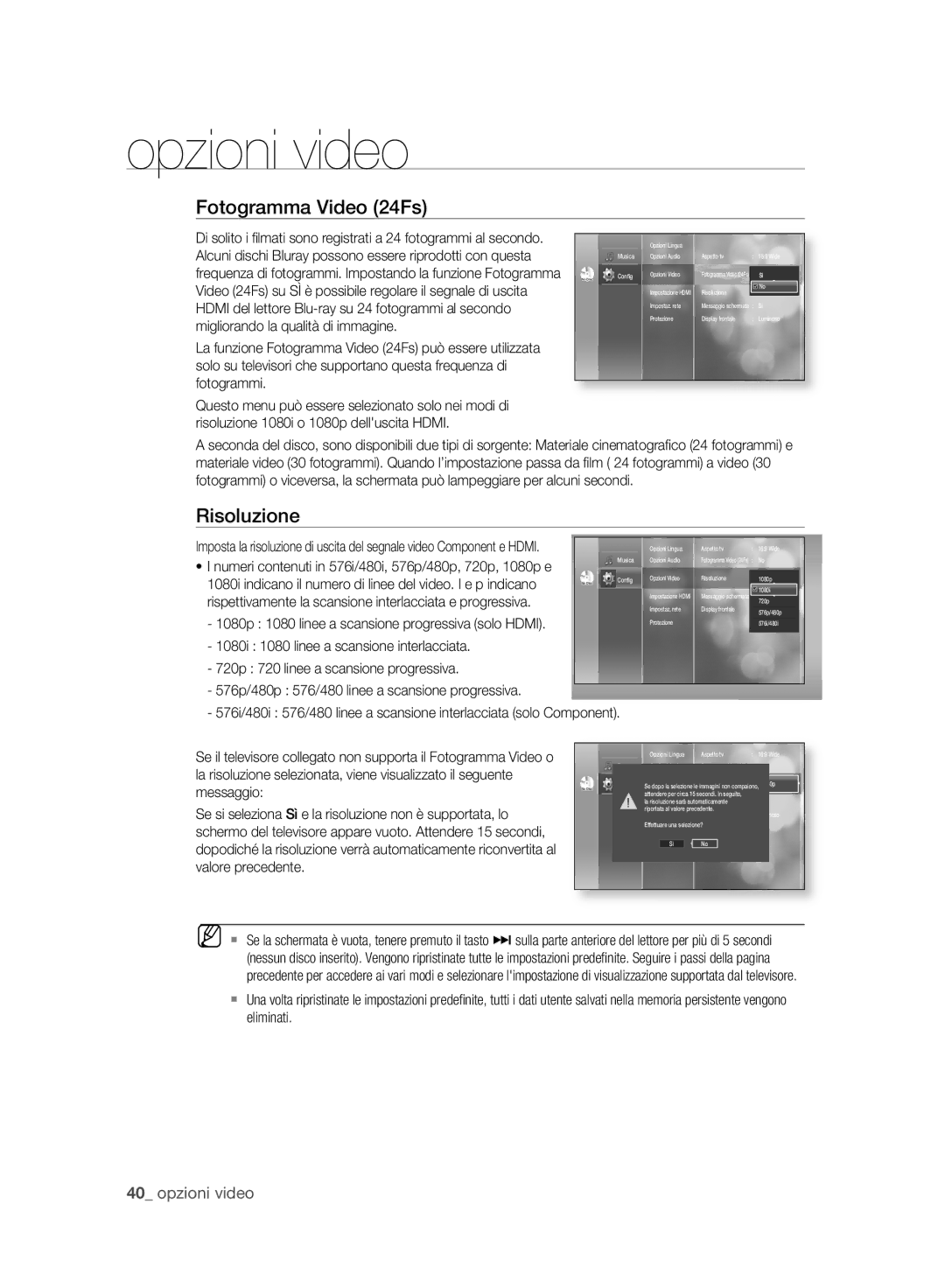 Samsung BD-P2500/XEF manual Risoluzione, Opzioni video 