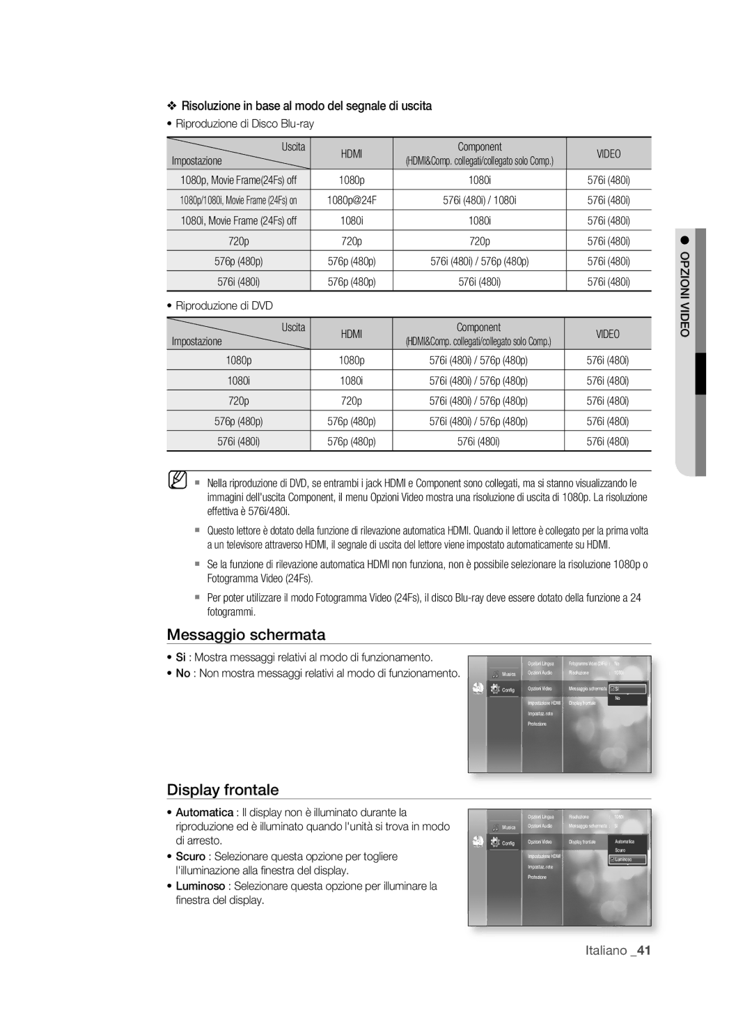 Samsung BD-P2500/XEF manual Messaggio schermata, Display frontale, Opzioni Video 