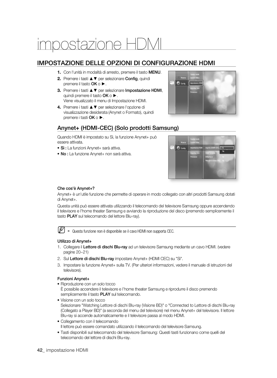 Samsung BD-P2500/XEF manual Impostazione Hdmi, Impostazione Delle Opzioni DI Configurazione Hdmi 