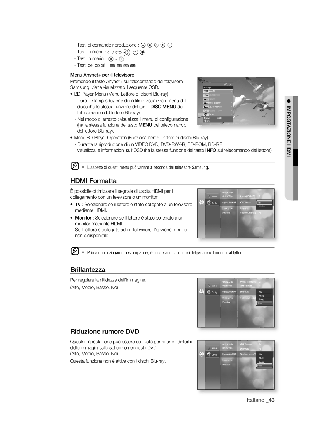 Samsung BD-P2500/XEF manual Hdmi Formatta, Brillantezza, Riduzione rumore DVD, Impostazione Hdmi 