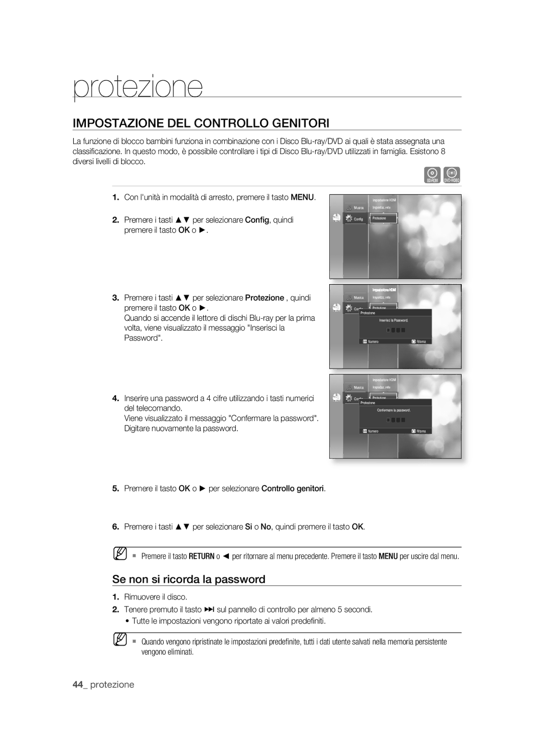 Samsung BD-P2500/XEF manual Protezione, Impostazione DEL Controllo Genitori, Se non si ricorda la password 