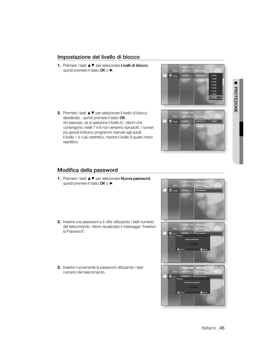 Samsung BD-P2500/XEF manual Impostazione del livello di blocco, Modiﬁca della password, Protezione 