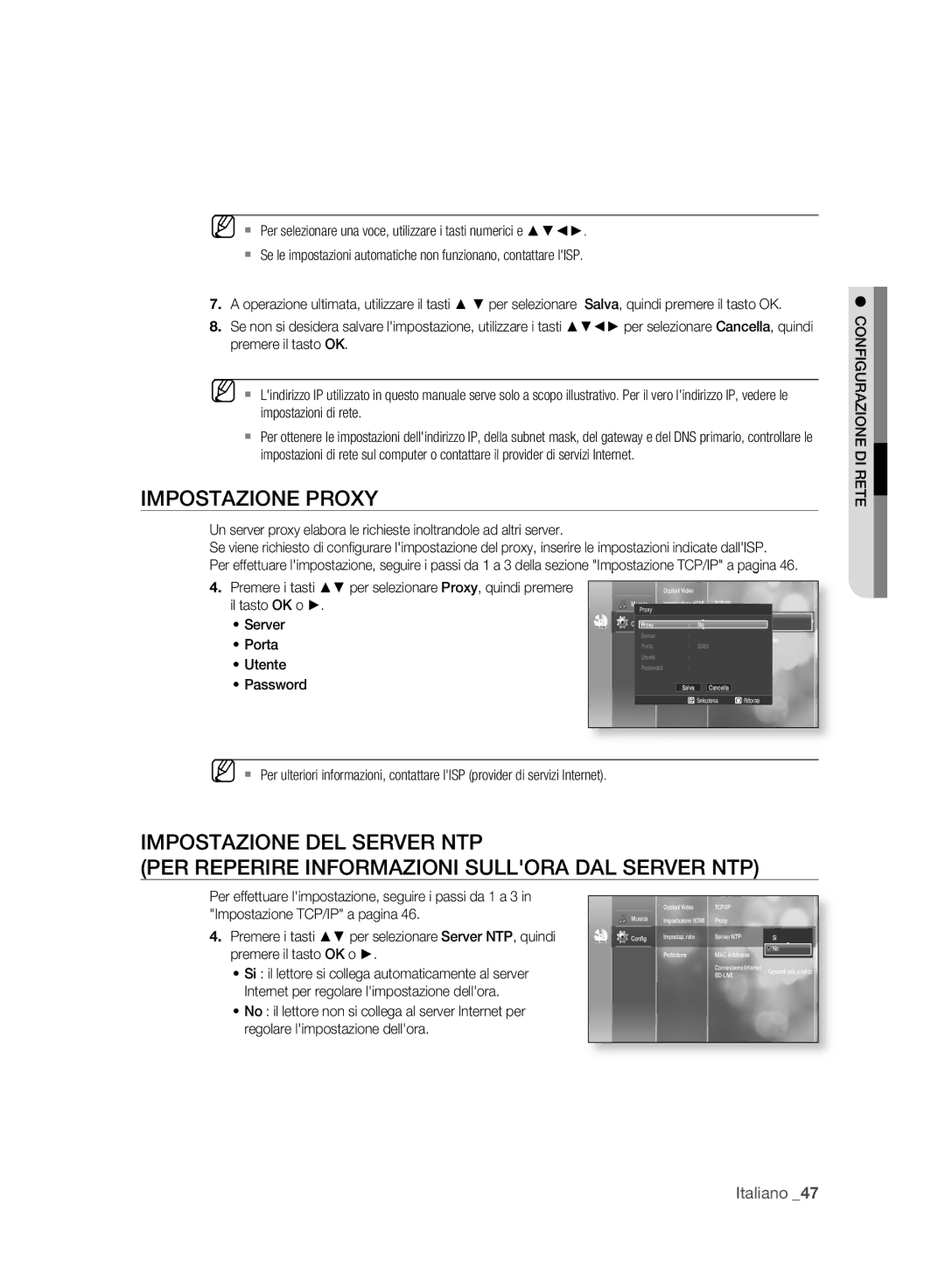 Samsung BD-P2500/XEF manual Impostazione Proxy, Configurazione DI Rete 