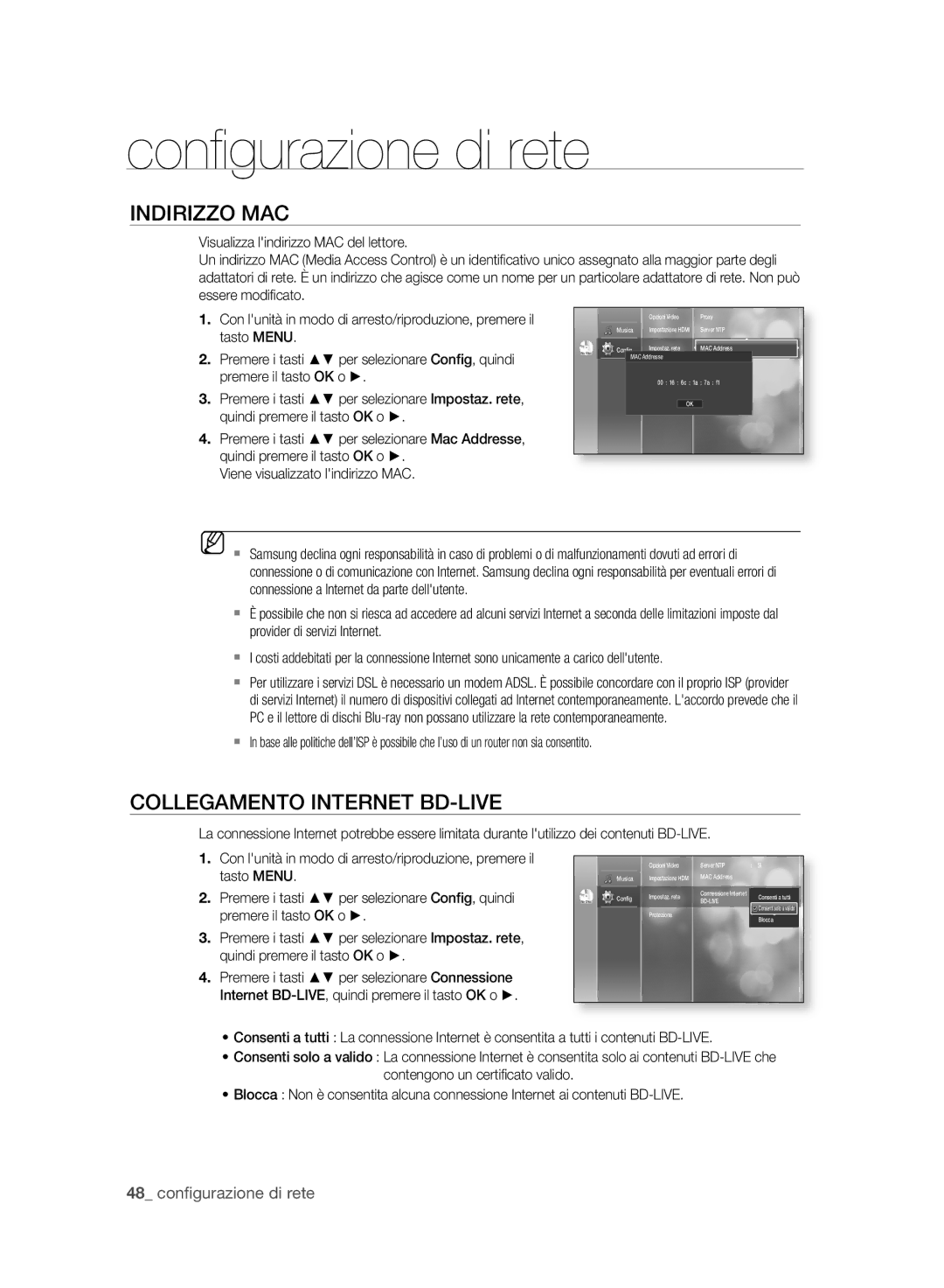 Samsung BD-P2500/XEF manual Conﬁ gurazione di rete, Indirizzo MAC, Collegamento Internet BD-LIVE, 48 conﬁgurazione di rete 