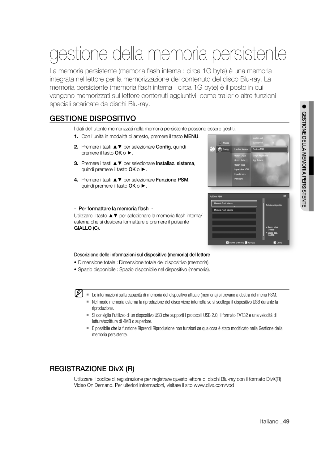 Samsung BD-P2500/XEF Gestione Dispositivo, Premere i tasti per selezionare Funzione PSM, Quindi premere il tasto OK o 