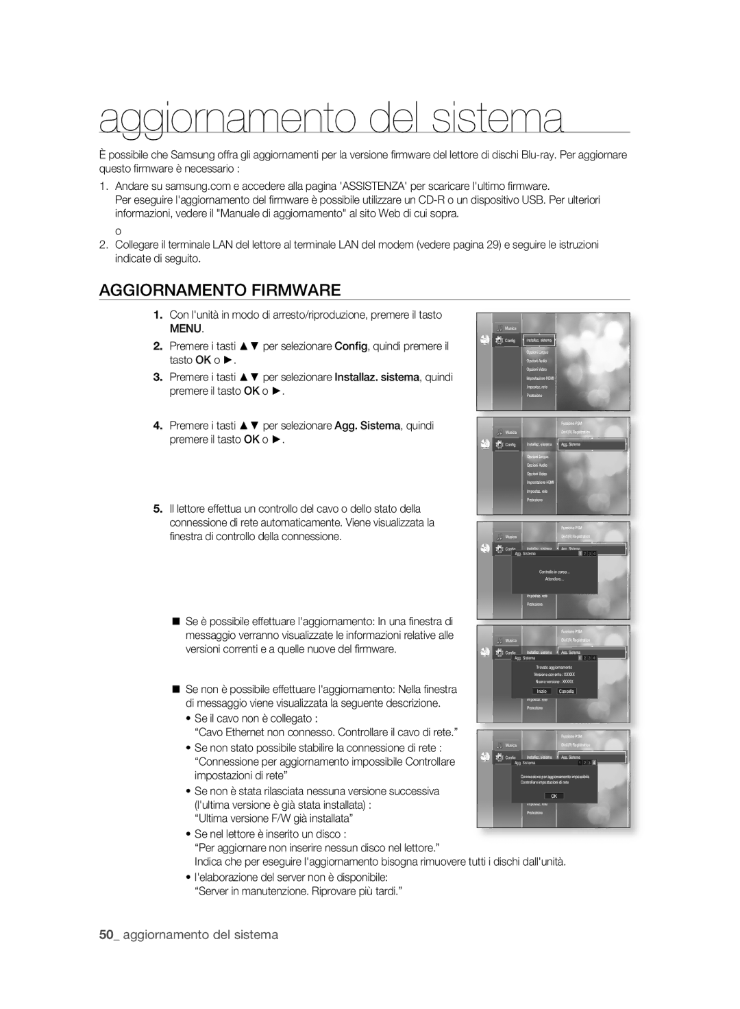 Samsung BD-P2500/XEF manual Aggiornamento del sistema, Aggiornamento Firmware, Se il cavo non è collegato 