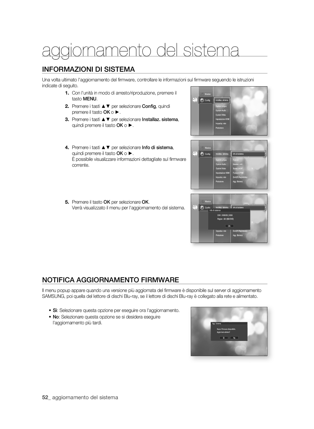 Samsung BD-P2500/XEF Informazioni DI Sistema, Notifica Aggiornamento Firmware, Premere il tasto OK per selezionare OK 