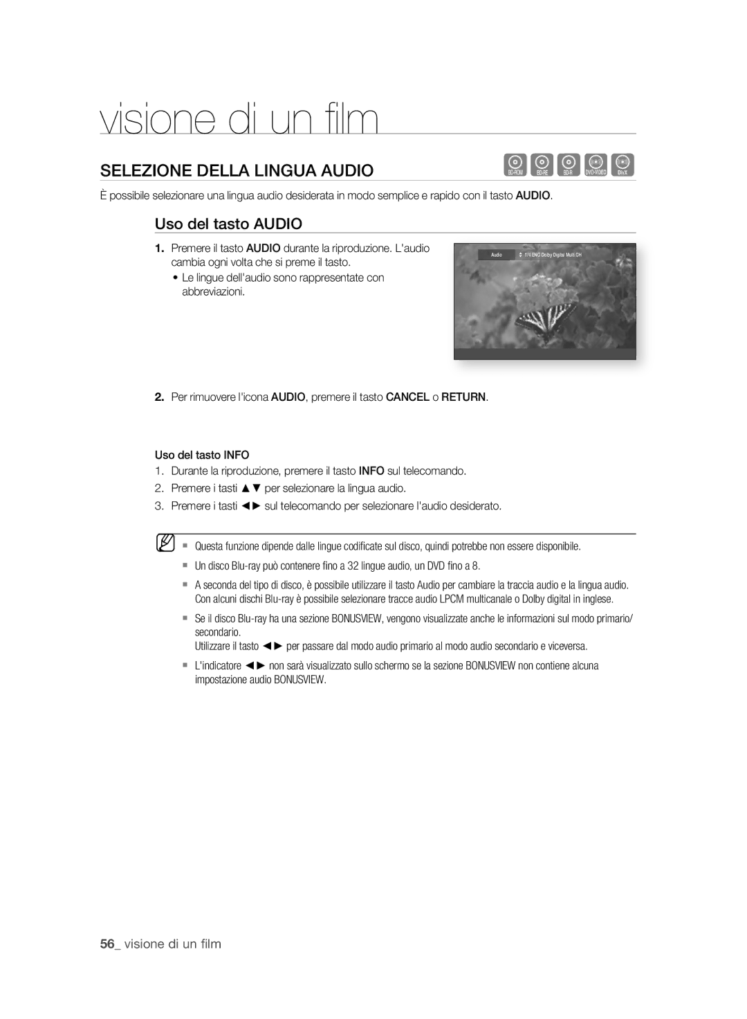 Samsung BD-P2500/XEF manual Selezione Della Lingua Audio, Uso del tasto Audio 