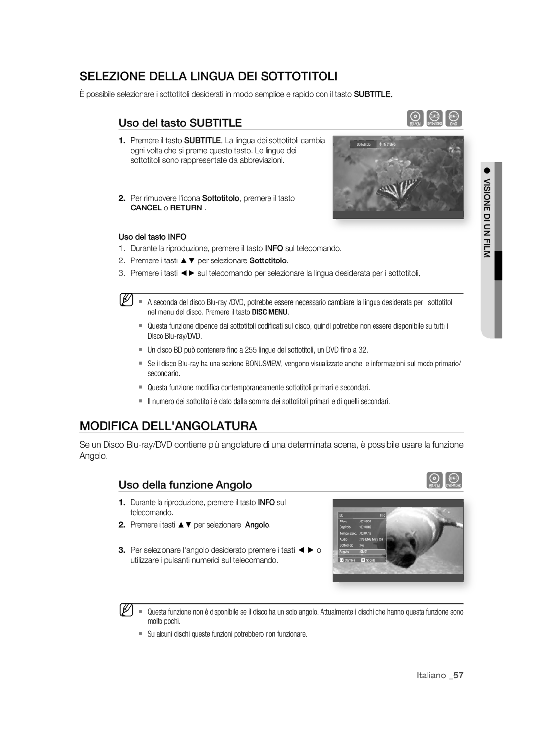 Samsung BD-P2500/XEF manual Selezione Della Lingua DEI Sottotitoli, Modifica Dellangolatura, Uso della funzione Angolo 