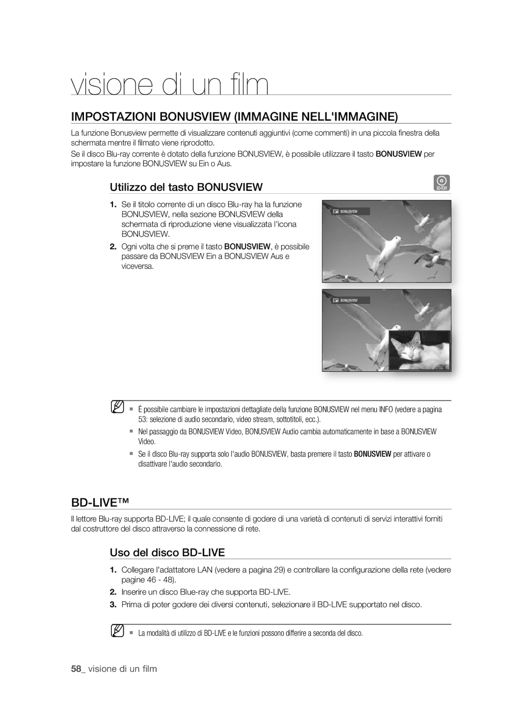 Samsung BD-P2500/XEF manual Impostazioni Bonusview Immagine Nellimmagine, Bd-Live, Utilizzo del tasto Bonusview 