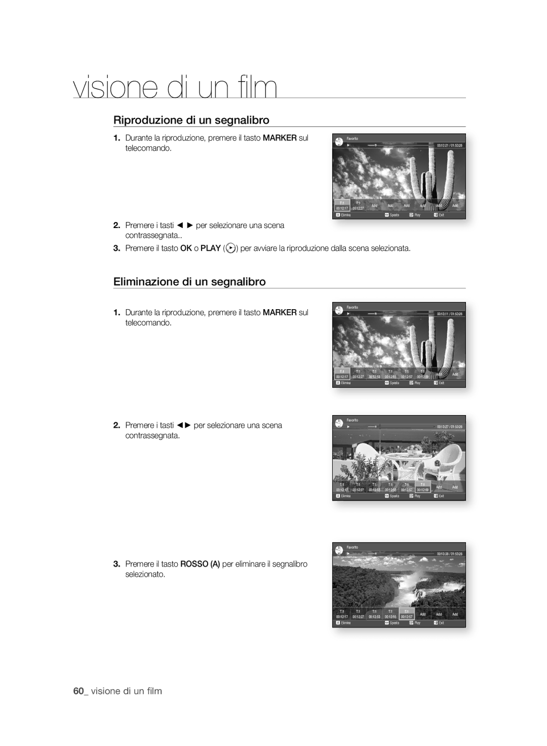 Samsung BD-P2500/XEF manual Riproduzione di un segnalibro, Eliminazione di un segnalibro 