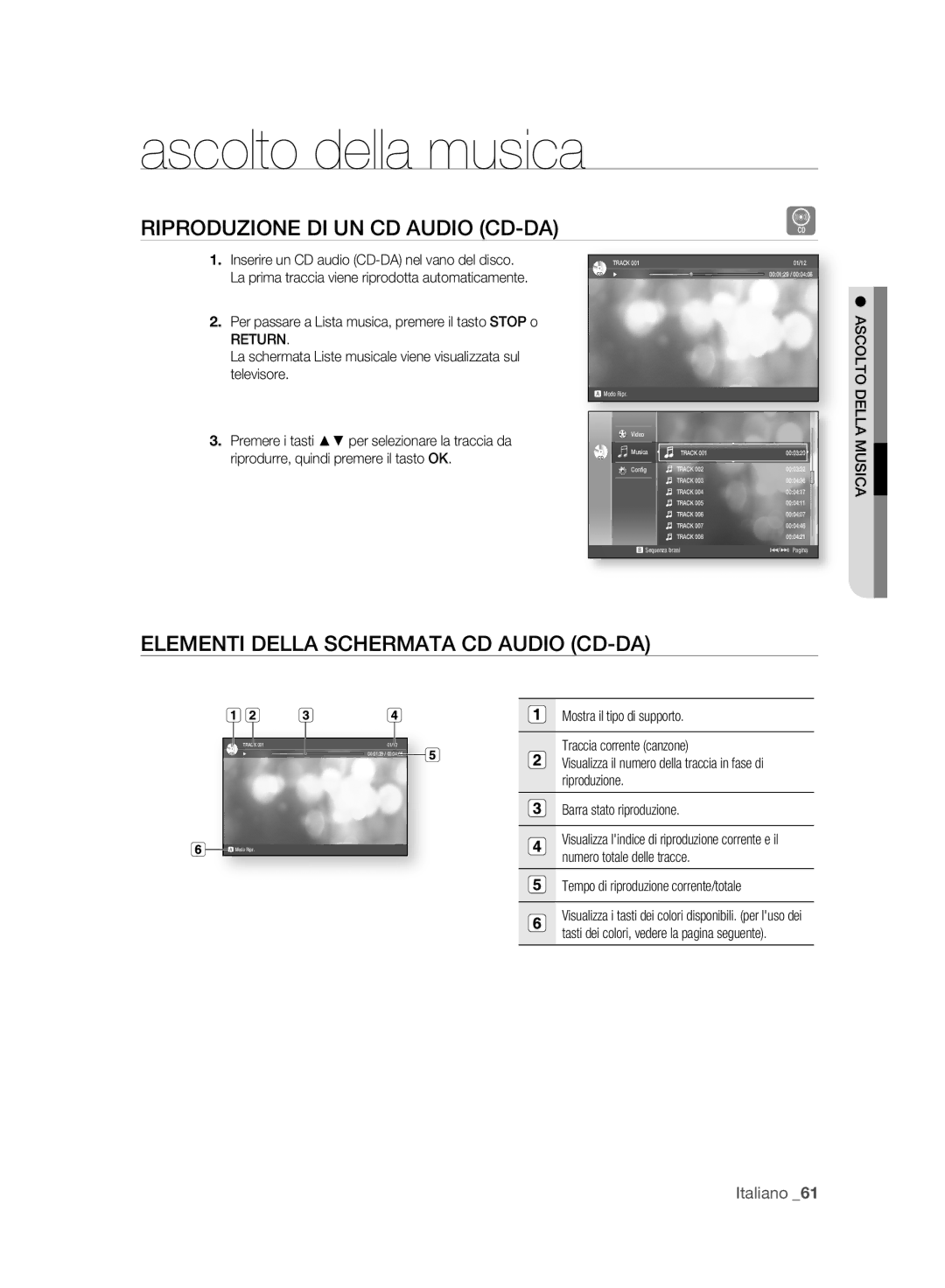 Samsung BD-P2500/XEF Ascolto della musica, Riproduzione DI UN CD Audio CD-DA, Elementi Della Schermata CD Audio CD-DA 