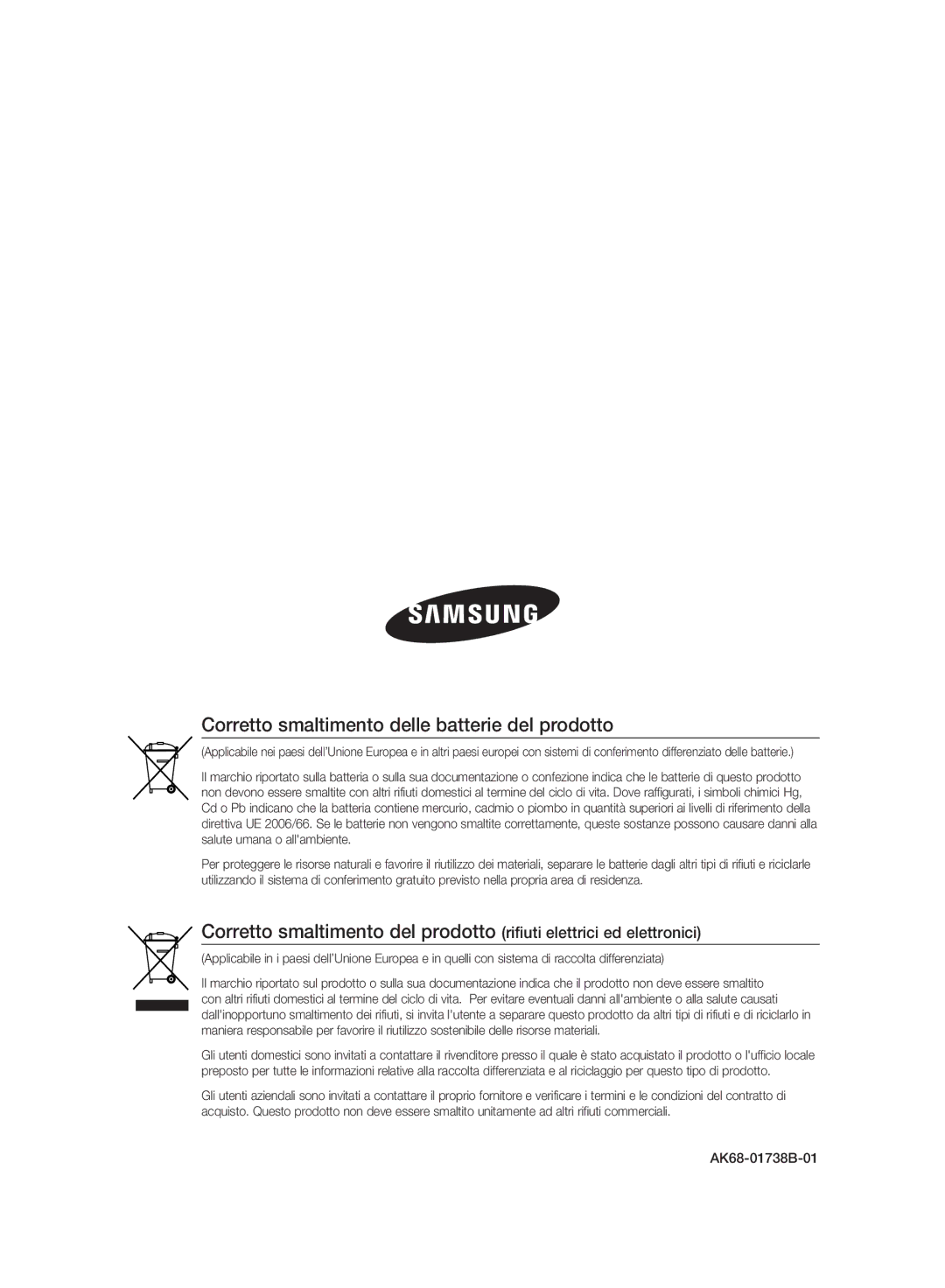 Samsung BD-P2500/XEF manual Corretto smaltimento delle batterie del prodotto 