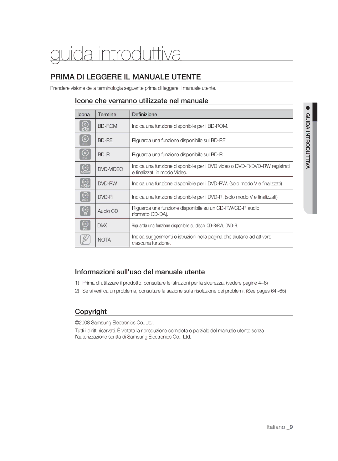 Samsung BD-P2500/XEF Guida introduttiva, Prima DI Leggere IL Manuale Utente, Icone che verranno utilizzate nel manuale 