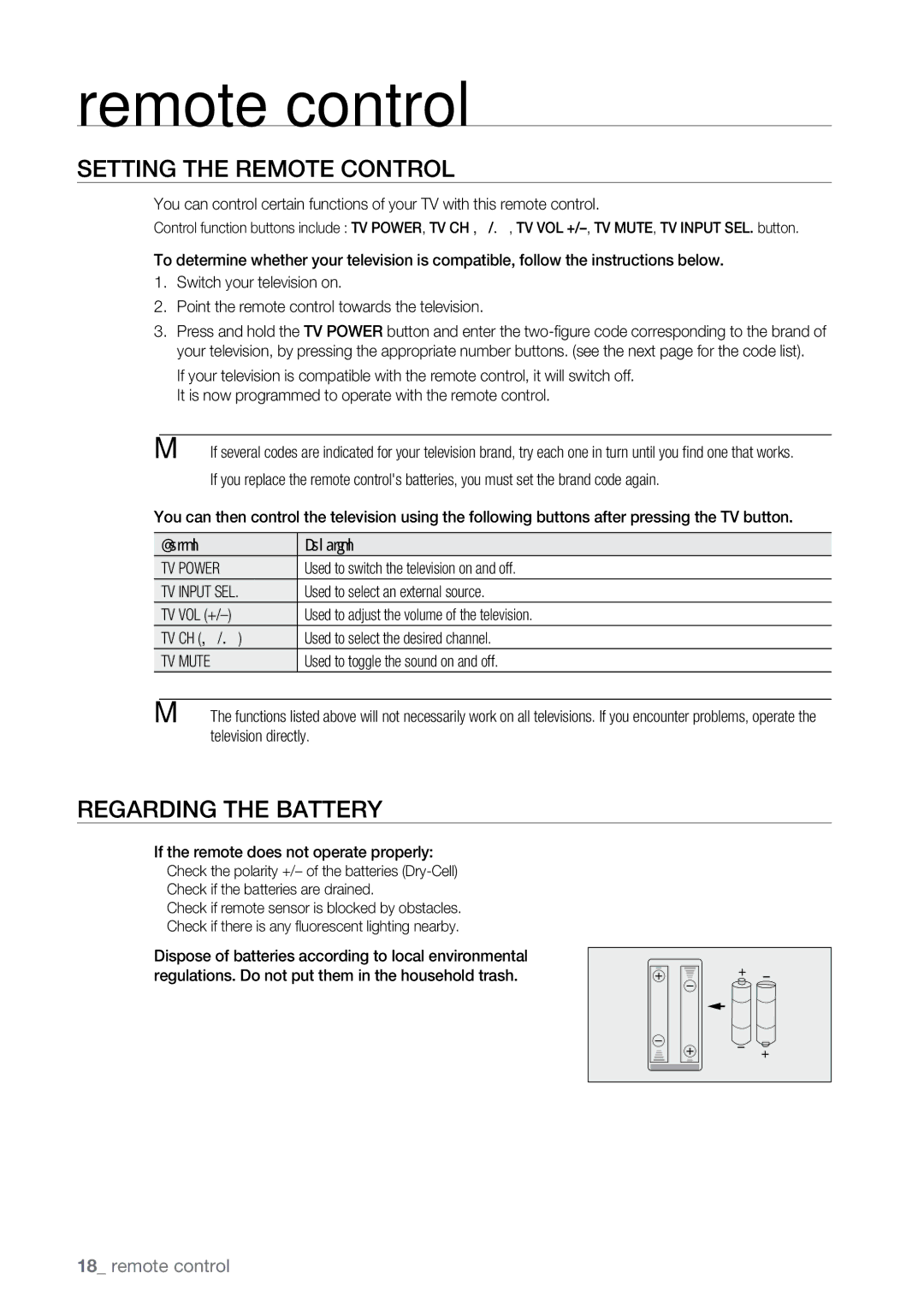 Samsung BD-P2550 user manual Setting the Remote Control, Regarding the Battery, Remote control 