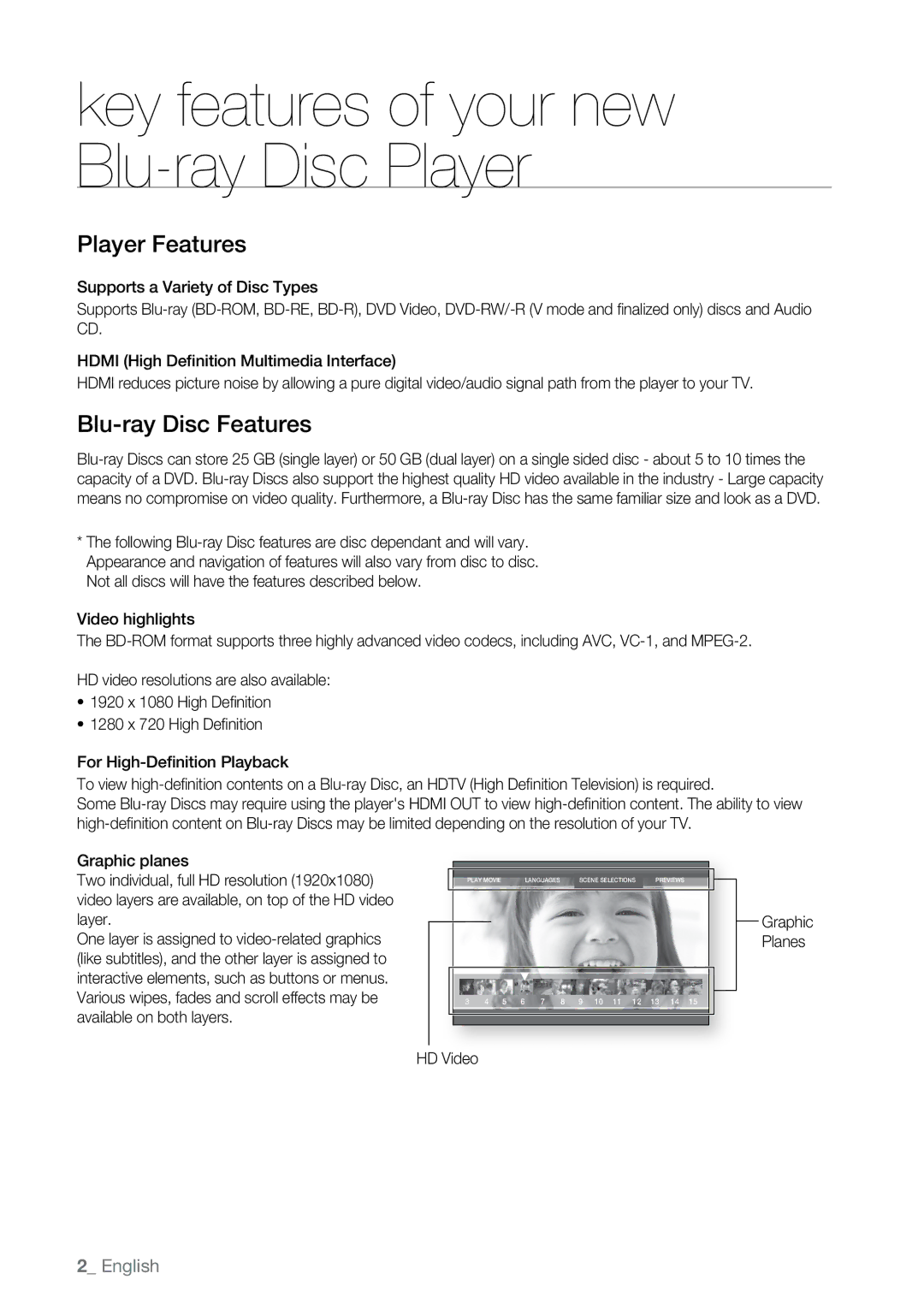 Samsung BD-P2550 user manual Player Features, Blu-ray Disc Features,  English, HD Video Graphic Planes 