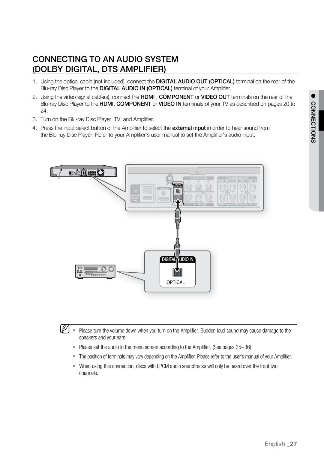 Samsung BD-P2550 user manual Connecting to an Audio System Dolby Digital, DTS Amplifier 