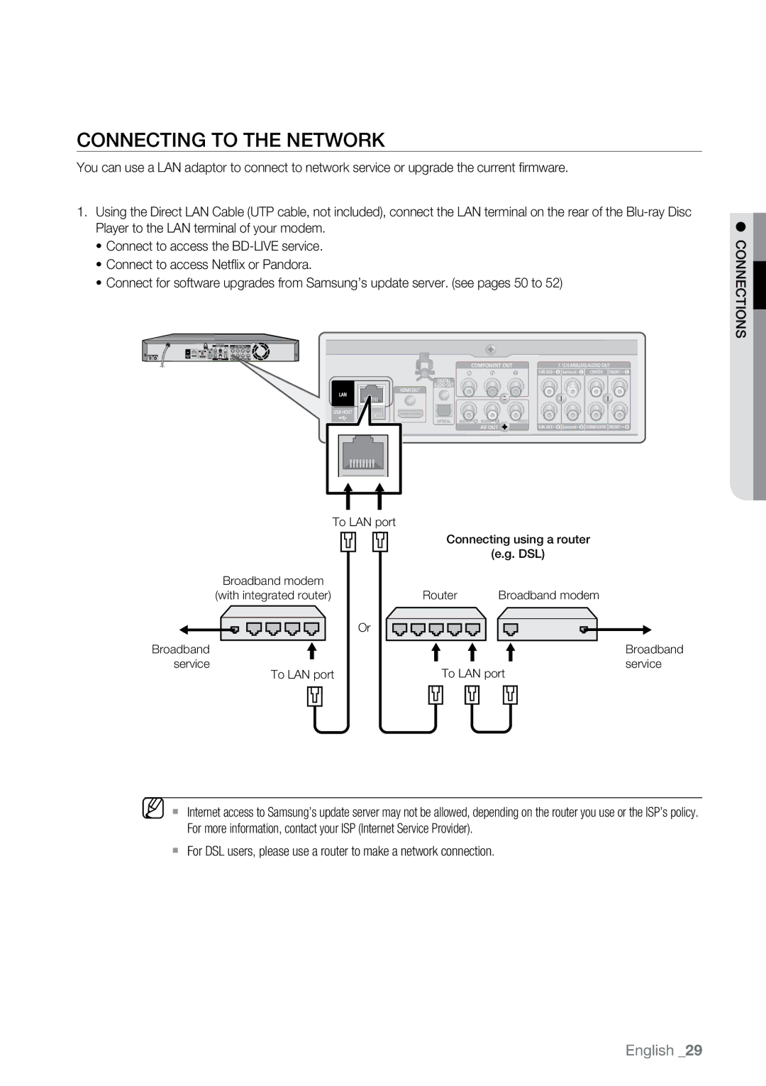 Samsung BD-P2550 user manual Connecting to the Network 