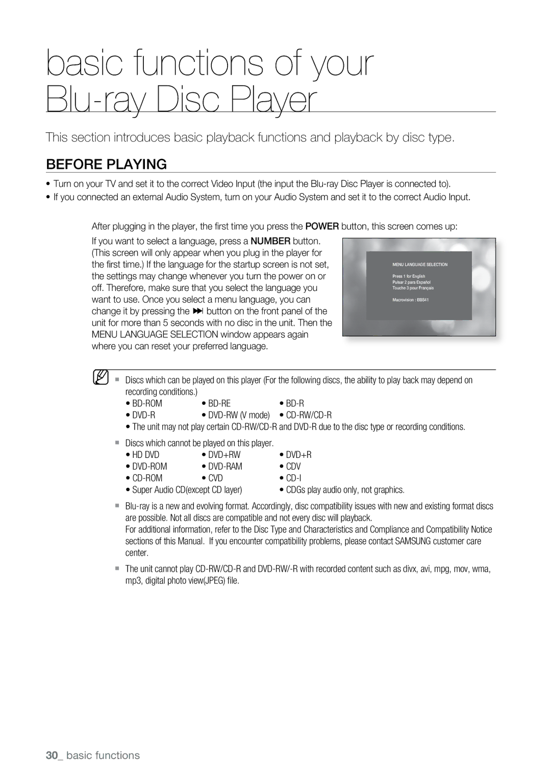 Samsung BD-P2550 user manual Before Playing, Basic functions, Hd Dvd Dvd+Rw Dvd-Rom Dvd-Ram Cdv Cd-Rom Cvd 