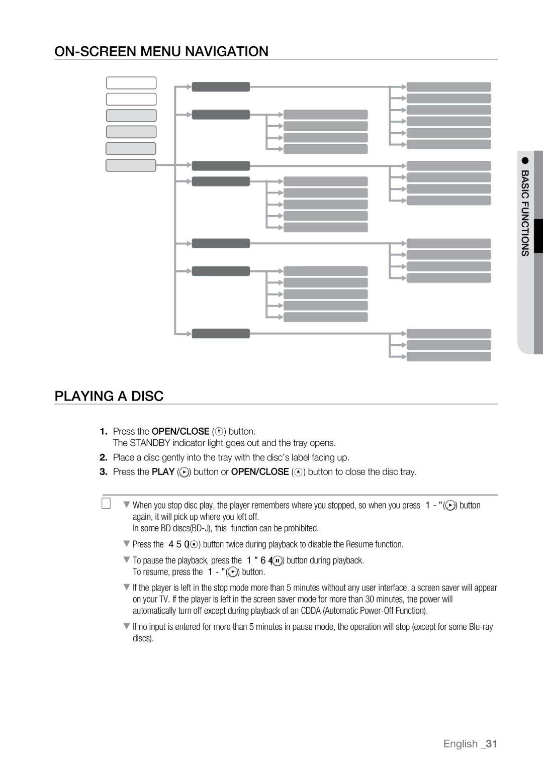 Samsung BD-P2550 user manual On-Screen Menu Navigation, Playing a Disc 