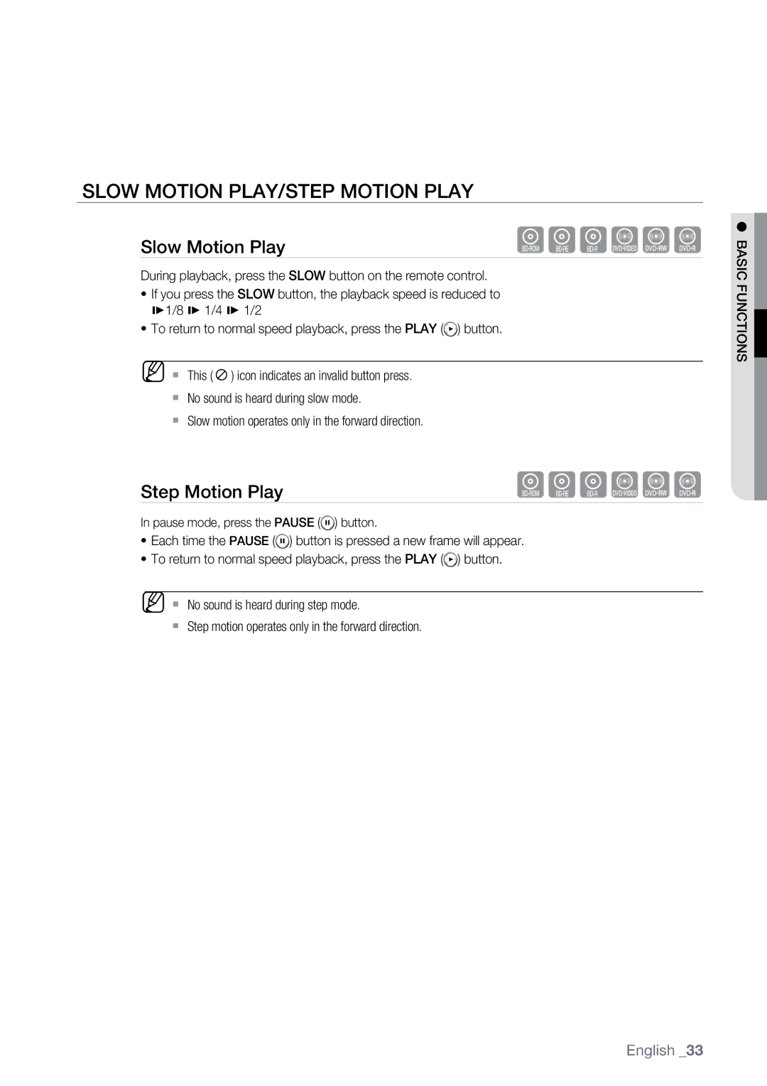 Samsung BD-P2550 user manual Slow Motion Play/Step Motion Play 