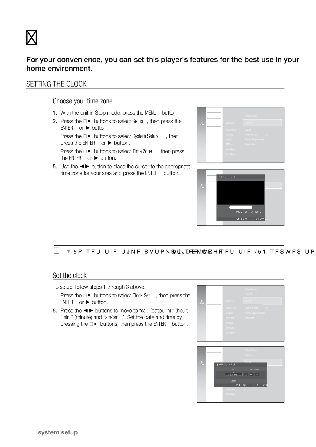 Samsung BD-P2550 user manual System setup, Setting the Clock, Choose your time zone, Set the clock 