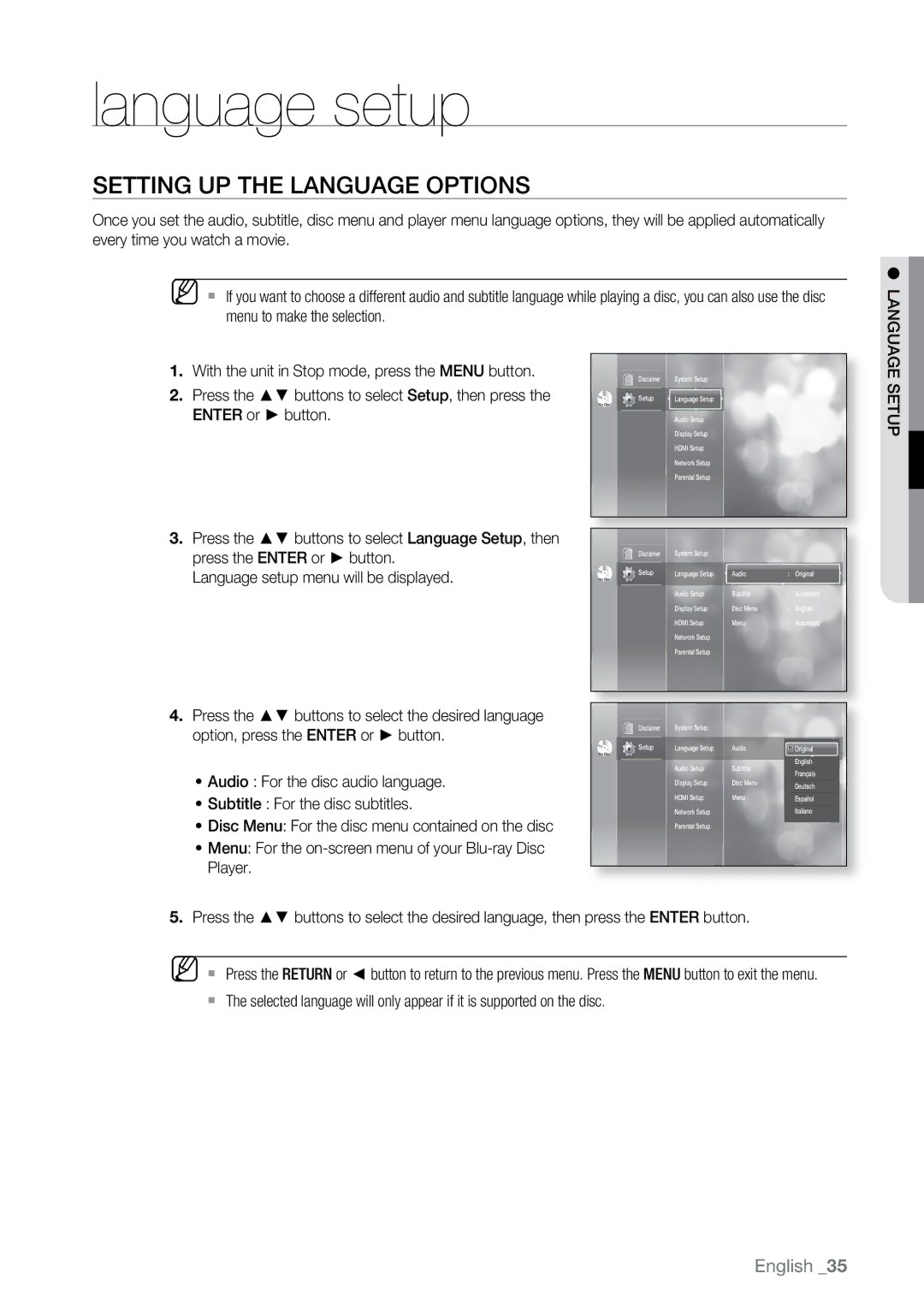 Samsung BD-P2550 user manual Language setup, Setting up the Language Options 