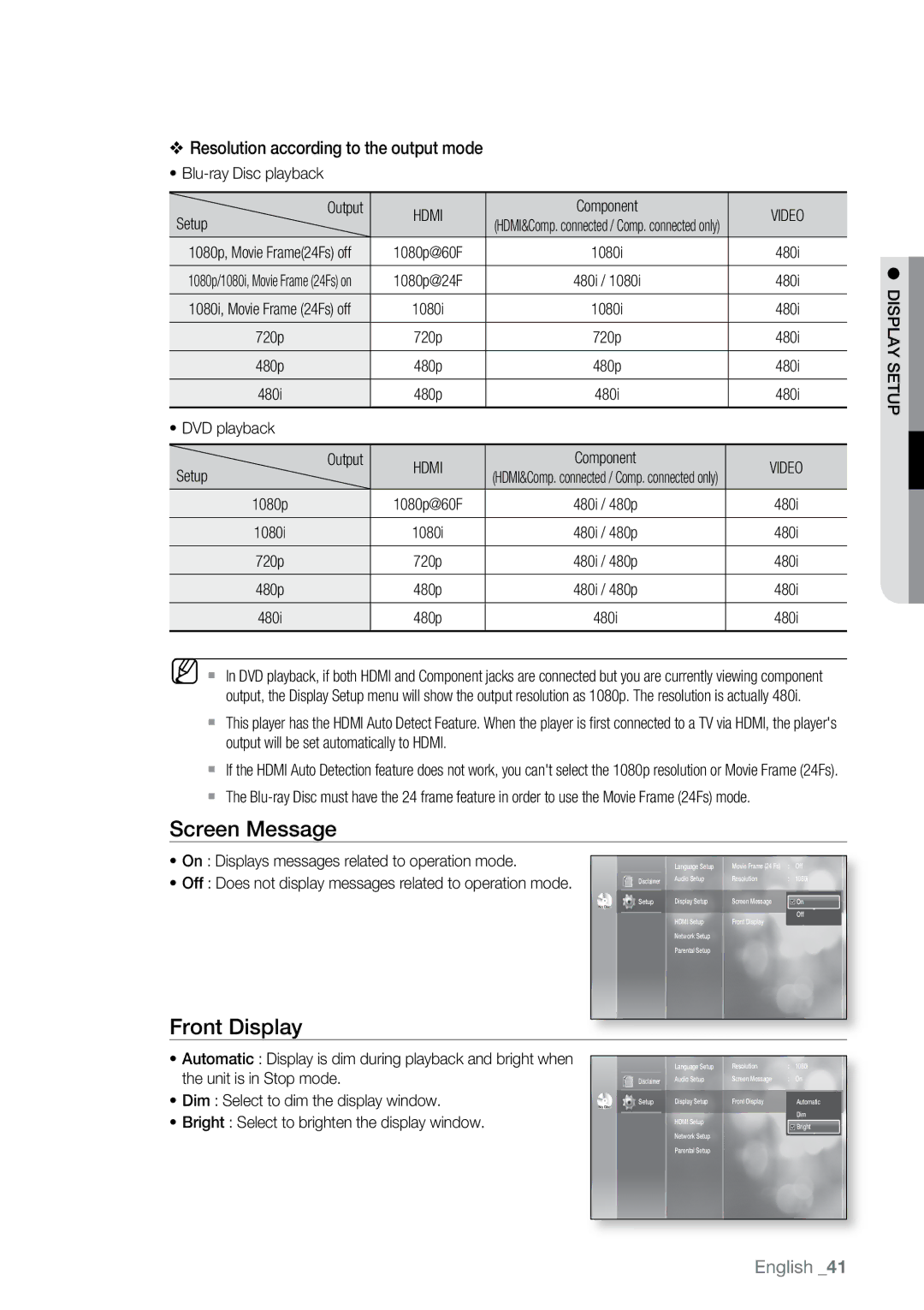 Samsung BD-P2550 user manual Screen Message, Front Display 