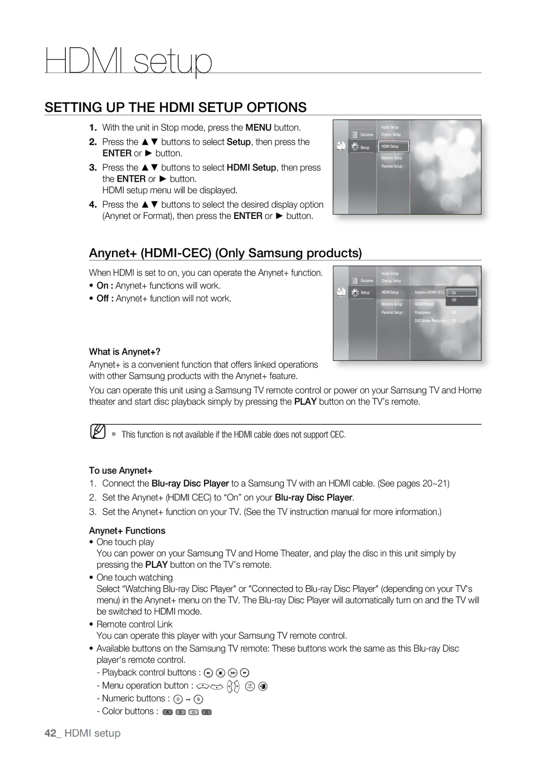 Samsung BD-P2550 user manual Setting up the Hdmi setup options, Anynet+ HDMI-CEC Only Samsung products 