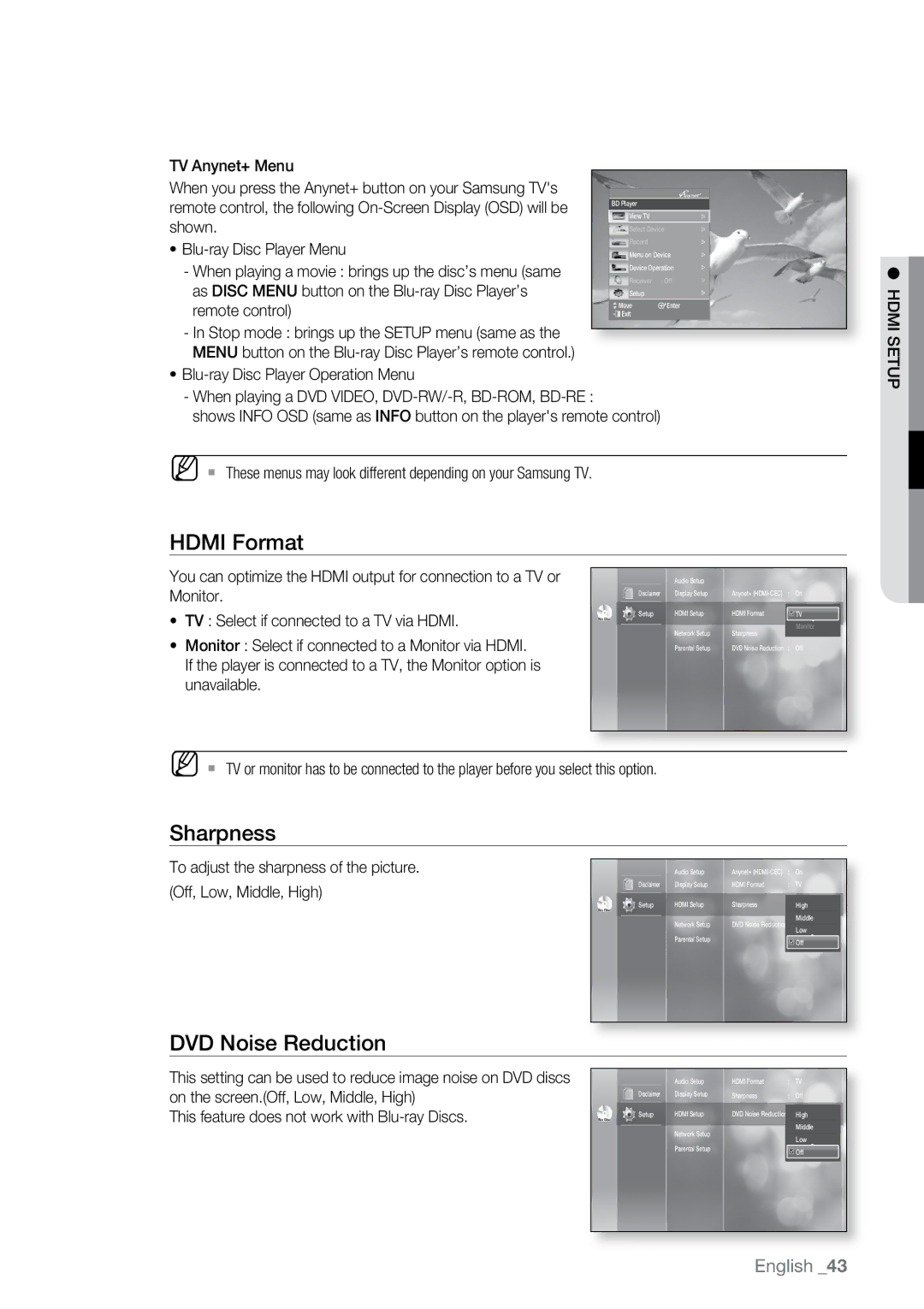 Samsung BD-P2550 user manual Hdmi Format, Sharpness, DVD Noise Reduction 