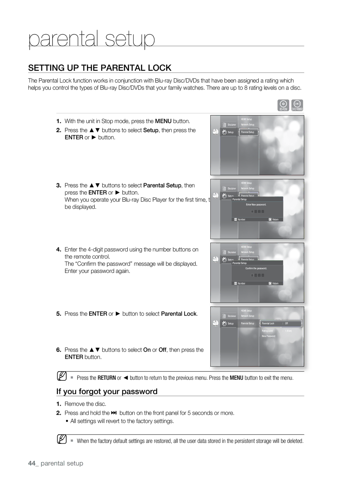 Samsung BD-P2550 user manual Parental setup, Setting up the Parental Lock, If you forgot your password 