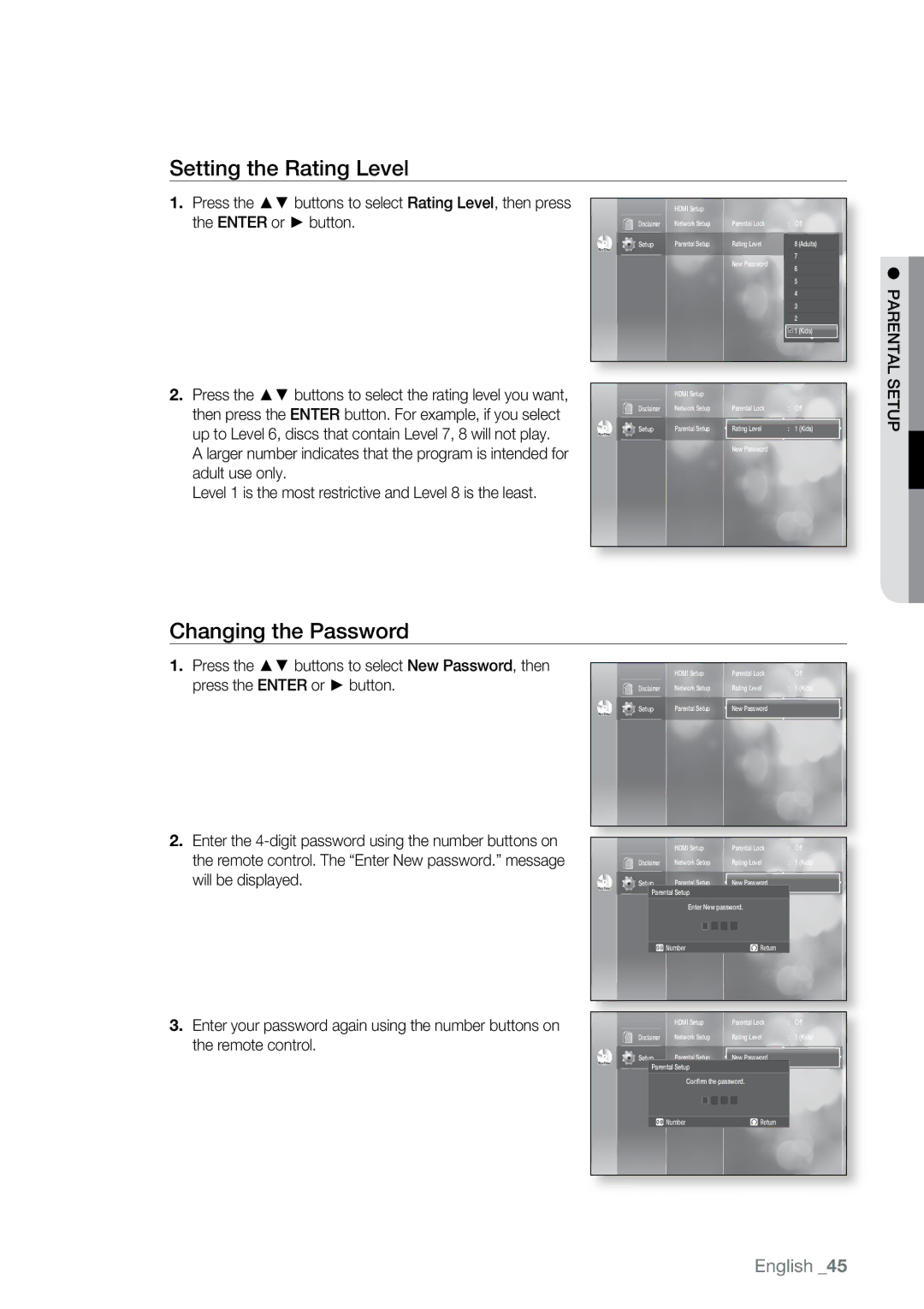 Samsung BD-P2550 user manual Setting the Rating Level, Changing the Password 