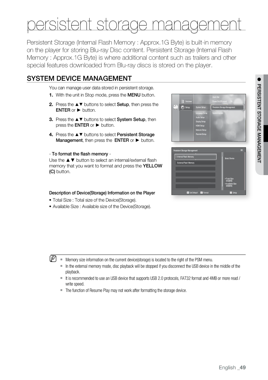 Samsung BD-P2550 user manual System Device Management, To format the flash memory 