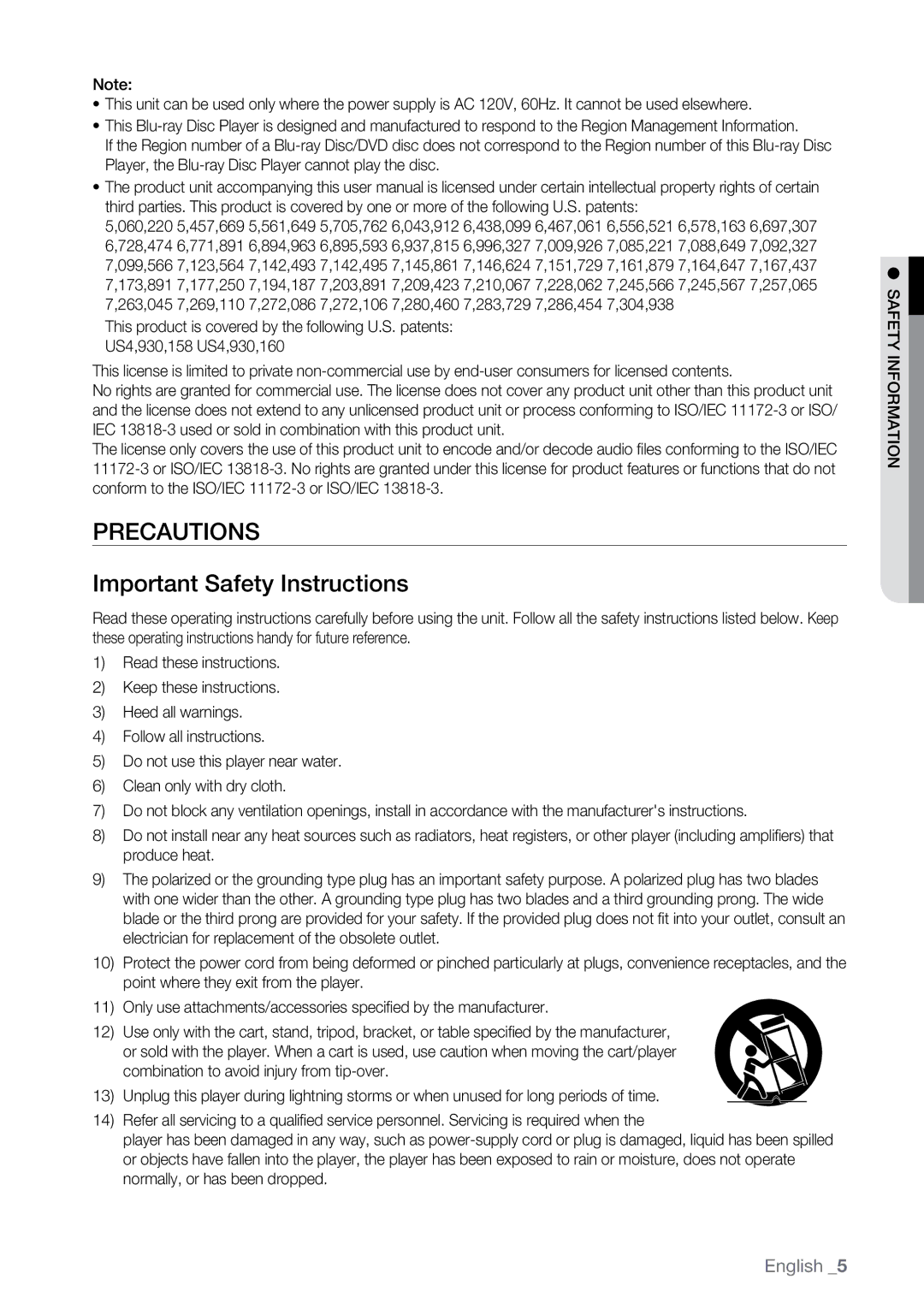 Samsung BD-P2550 user manual Precautions Important Safety Instructions 