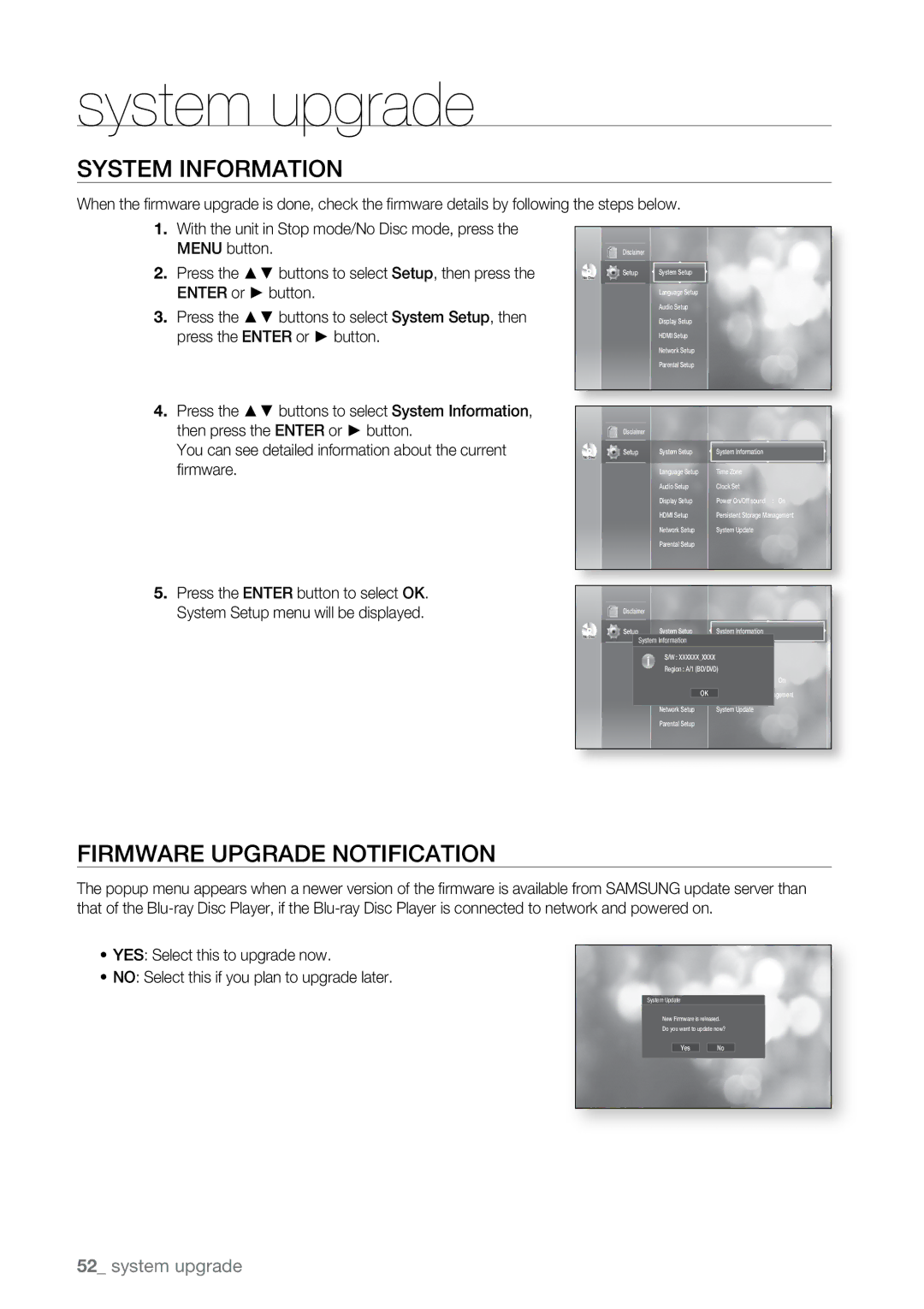 Samsung BD-P2550 user manual System Information, Firmware upgrade notification 