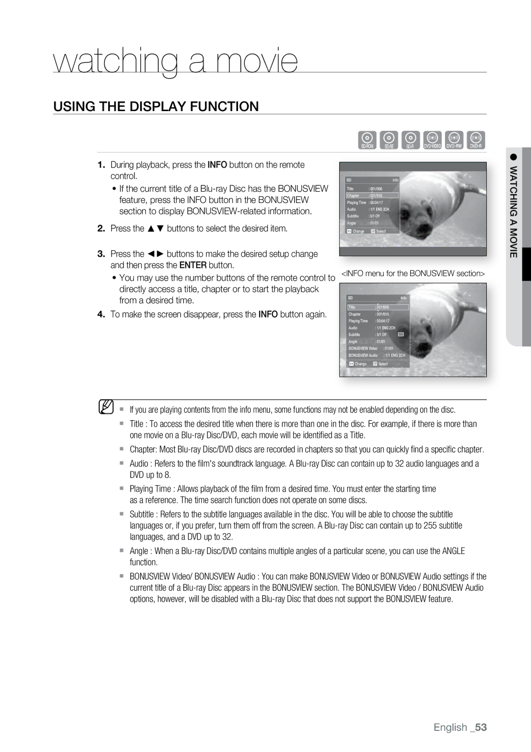 Samsung BD-P2550 user manual Watching a movie, Using the Display Function 