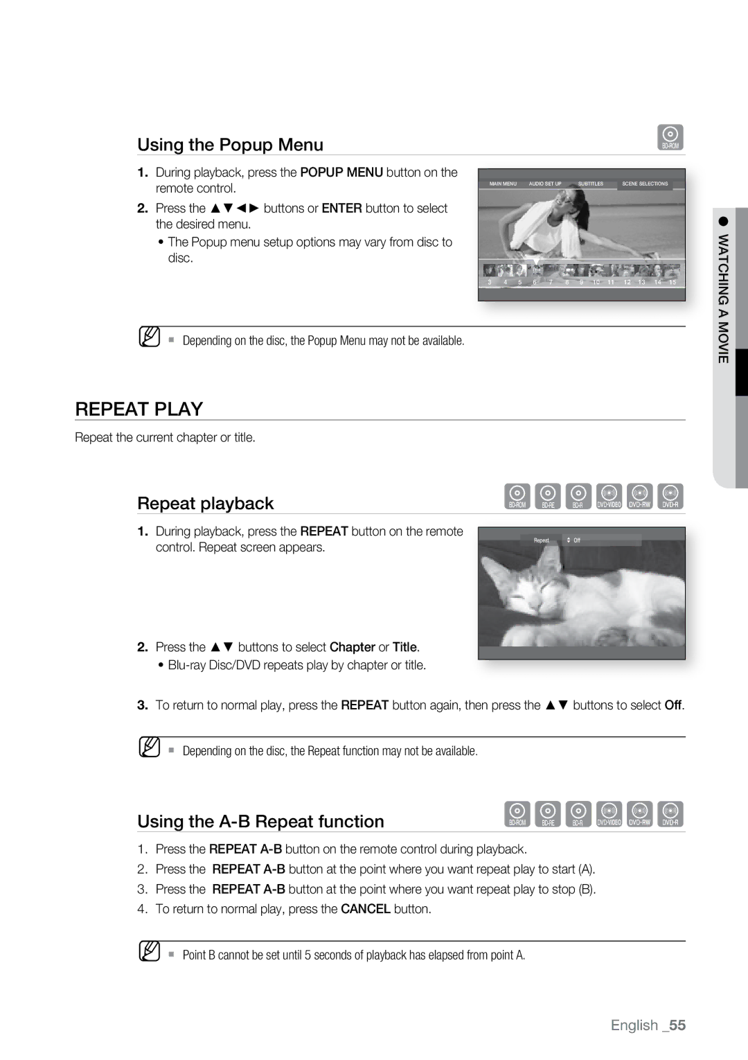 Samsung BD-P2550 user manual Repeat Play, Using the Popup Menu, Repeat playback, Using the A-B Repeat function 