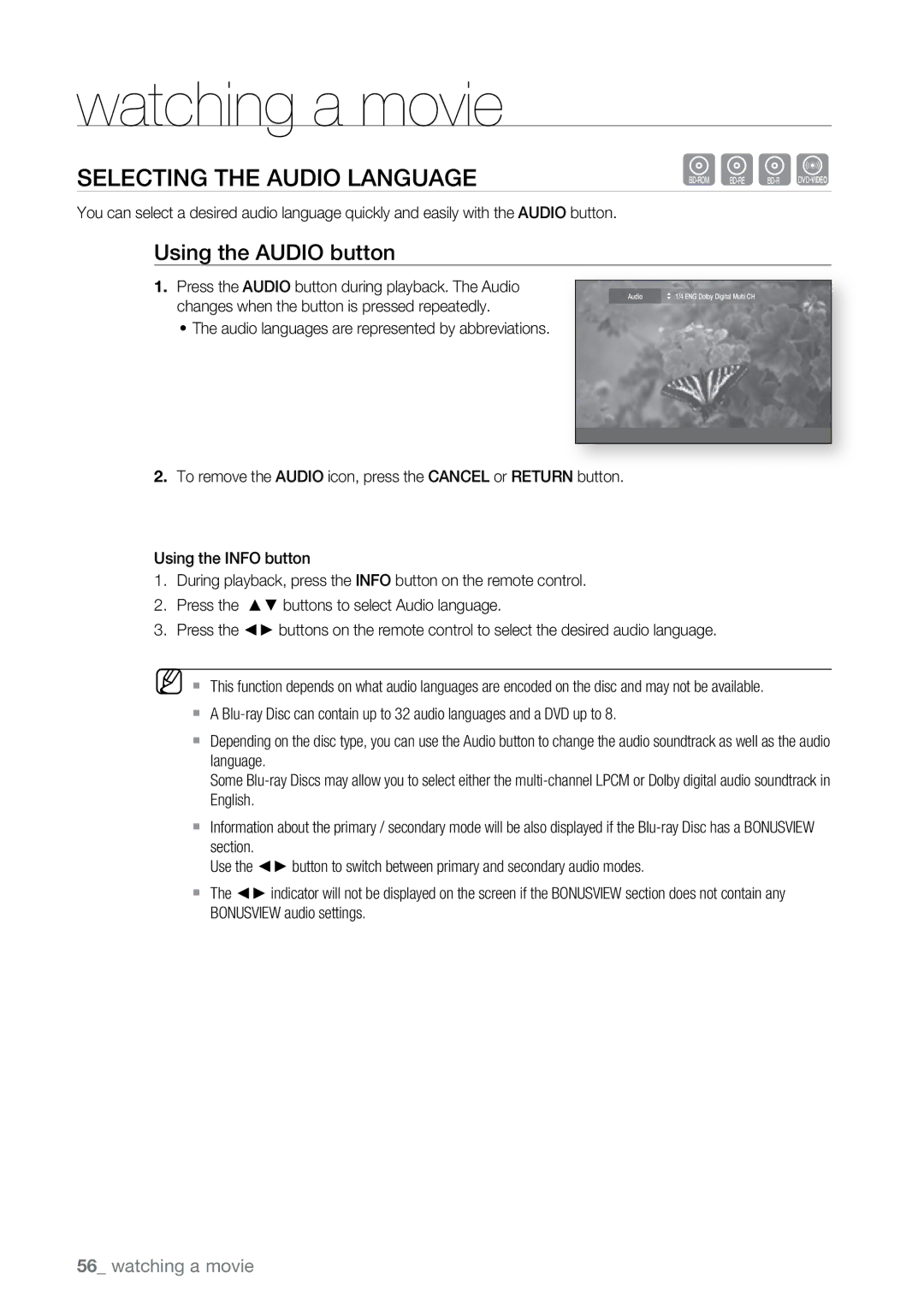 Samsung BD-P2550 Selecting the Audio Language, Using the Audio button, Press the Audio button during playback. The Audio 