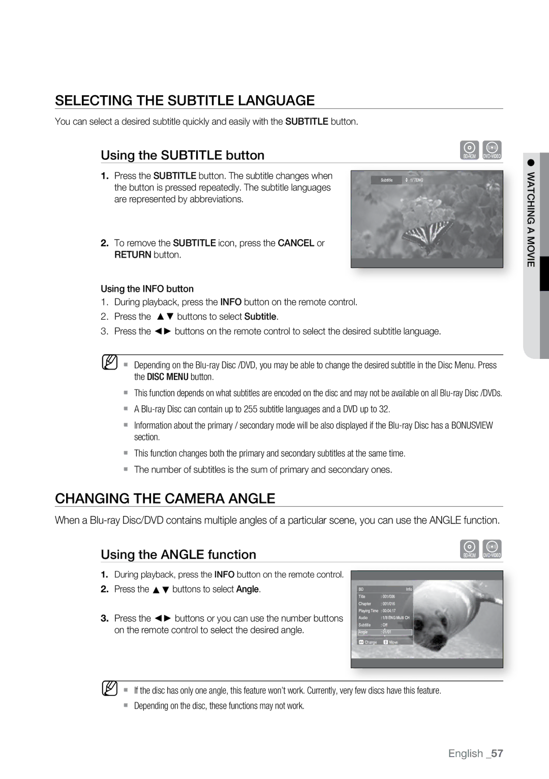 Samsung BD-P2550 user manual Selecting the Subtitle Language, Changing the Camera Angle, Using the Subtitle button, Amovie 